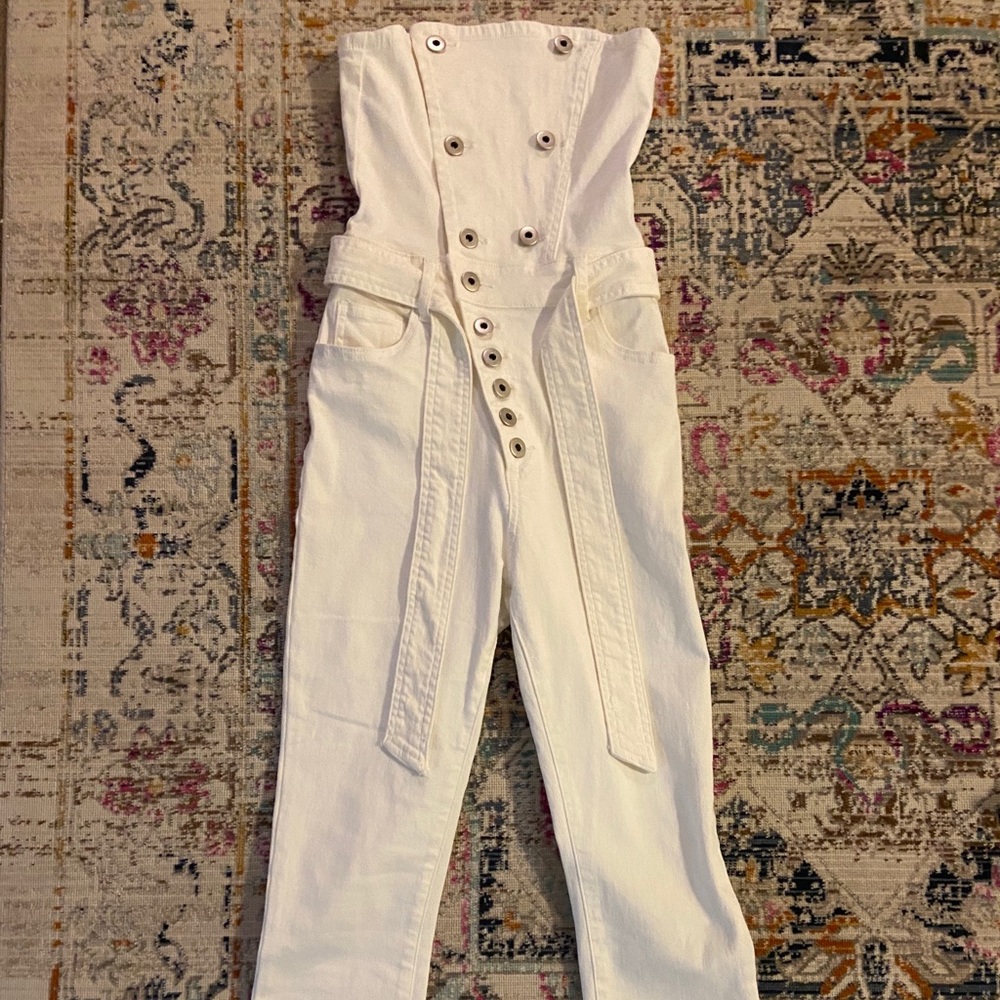BRAND NEW. White denim Kittenish jumpsuit.